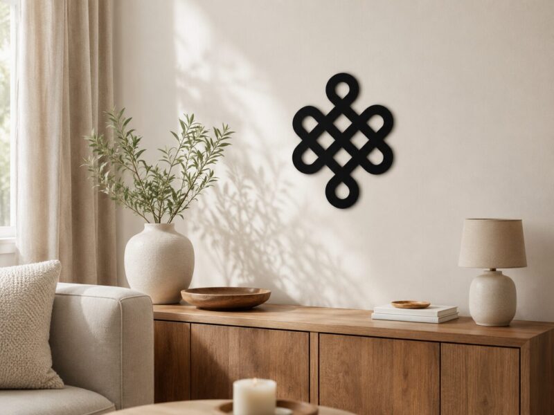 Black Celtic Knot wall decor displayed above a wooden sideboard in a warm neutral living room.