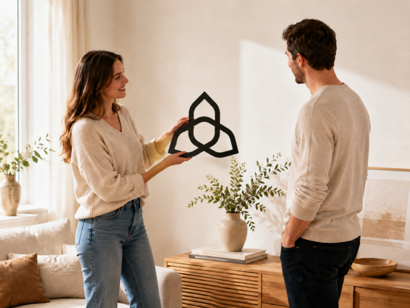 Woman holding black triquetra Celtic knot wall decor while showing it to a man in a bright modern living room.