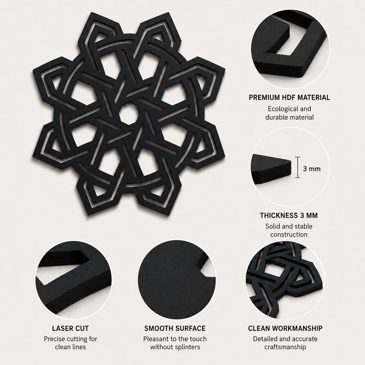 Close-up details of black Celtic Knot wall decor showing 3 mm HDF material, smooth surface and precise laser-cut edges.