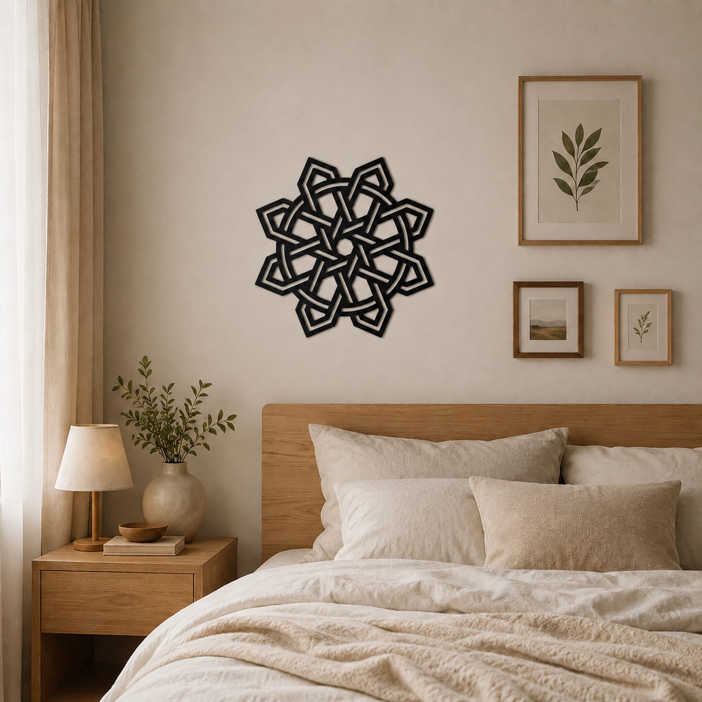 Black geometric Celtic Knot wall decor displayed above a bed in a warm neutral bedroom with natural wood furniture.