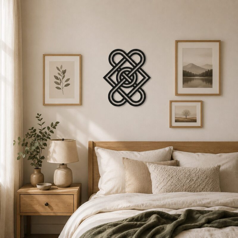 Black Celtic knot wall decor displayed above a wooden bed in a warm neutral bedroom.