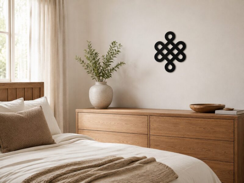 Black Celtic Knot wall decor displayed above a wooden dresser in a bright neutral bedroom.