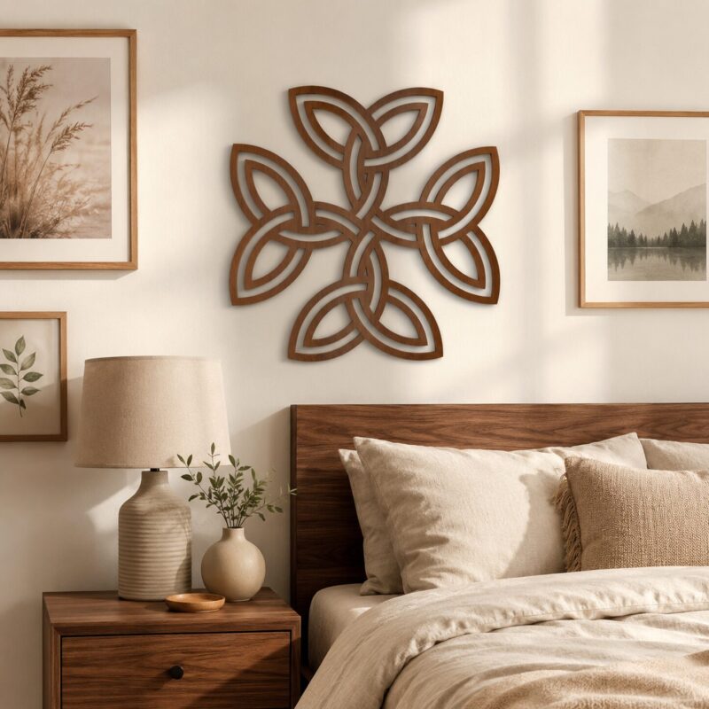 Walnut Celtic Knot wall decor displayed above a bed in a warm bedroom with natural wood furniture and neutral textiles.