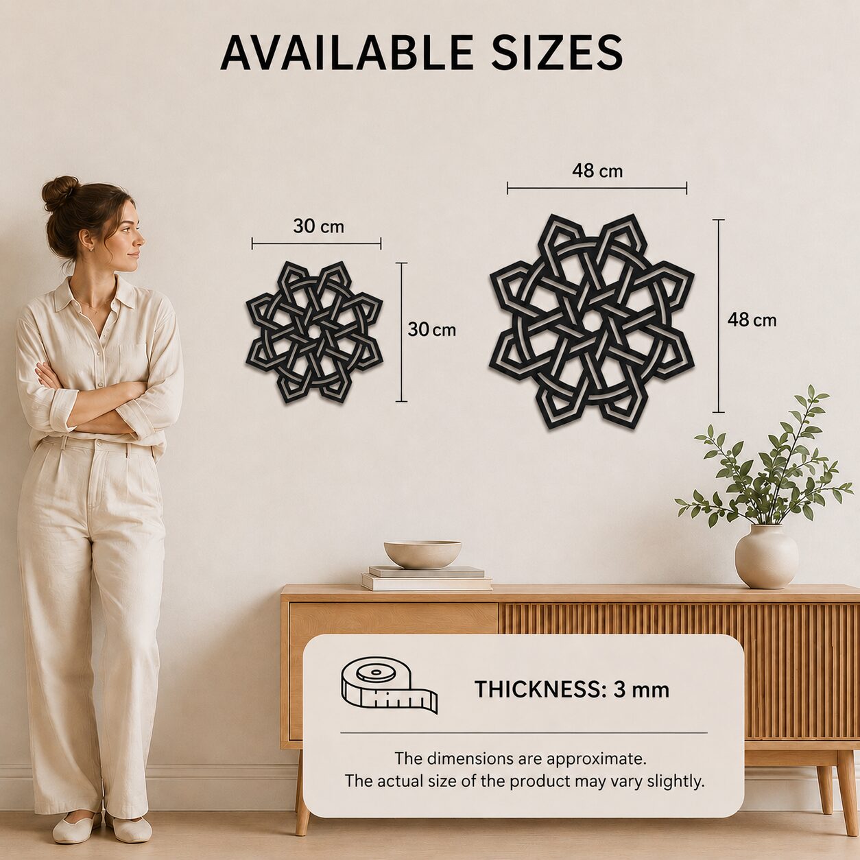 Black Celtic Knot wall decor size comparison showing 30 x 30 cm and 48 x 48 cm versions with 3 mm thickness.