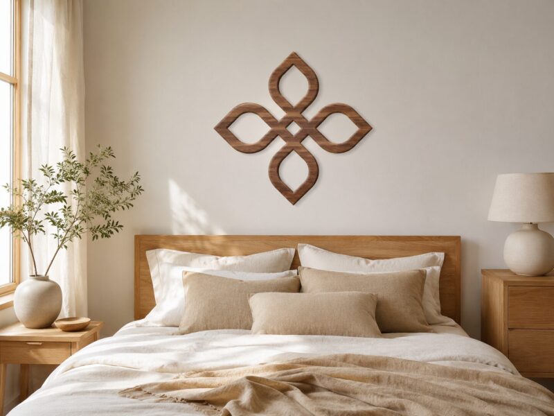 Walnut Celtic Knot wall decor displayed above a wooden bed in a bright neutral bedroom.