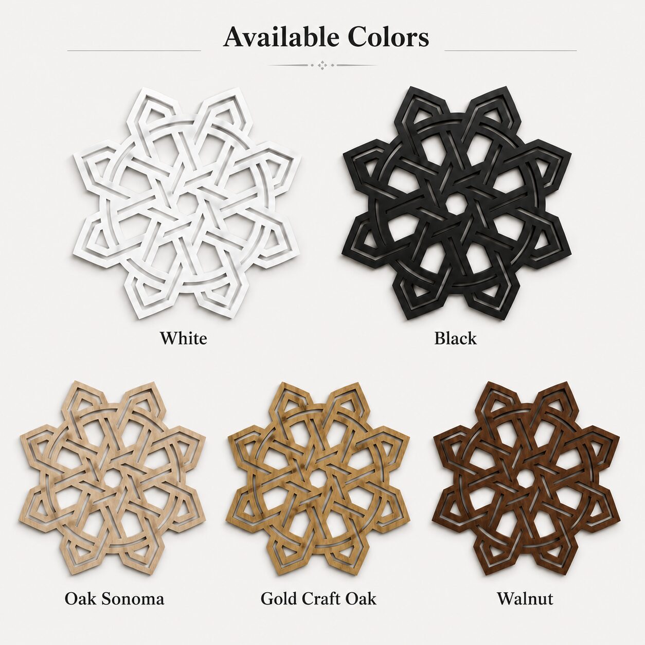 Geometric Celtic Knot wall decor shown in white, black, Oak Sonoma, Gold Craft Oak and walnut color options.