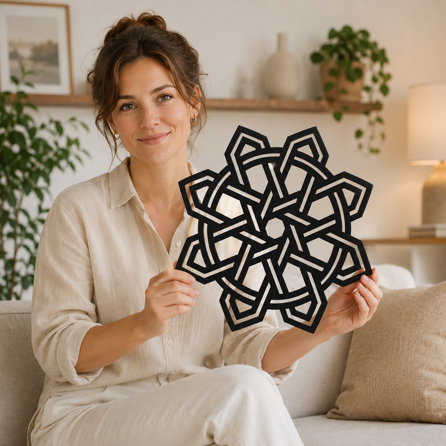 Woman holding black geometric Celtic Knot wall decor to show its size and detailed laser-cut pattern.