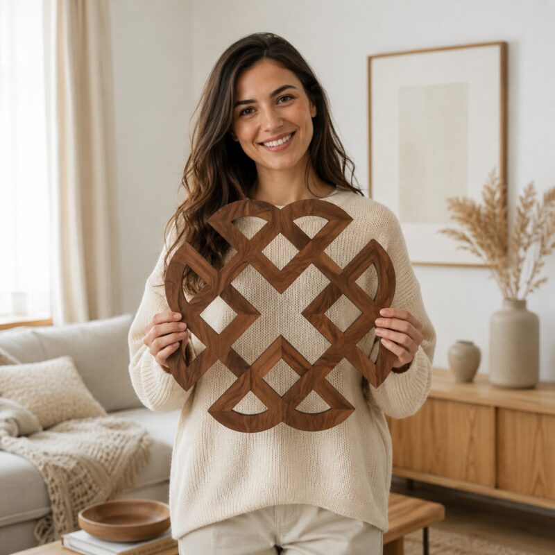 Woman holding a large Walnut Celtic Knot wall decor piece in a bright modern living room.