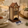 Wooden tea bag organizer house displayed beside a cup of tea, gift box, dried flowers, and tea bags in a warm cozy setting.